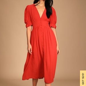 Red puff sleeve midi dress, never worn!